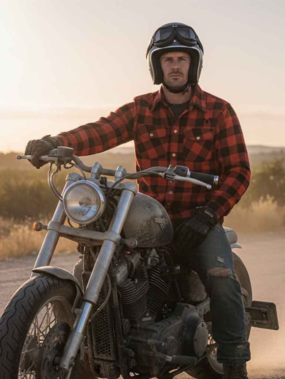 RIDERACT Motorcycle Flannel Shirt w/ Armor Men’s Red Black Protective Gear